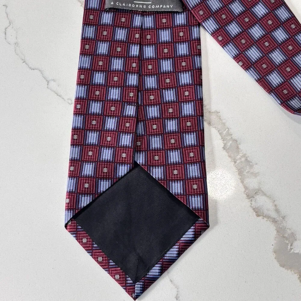 CRAZY HORSE Men's Burgundy Blue Geometric Oxford Tie Necktie 100% Silk Classic